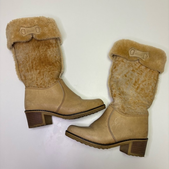 Blondo 70’s Vintage Women’s 9 Shearling Leather Sheepskin Boots Stacked Heel Rad - Picture 2 of 16